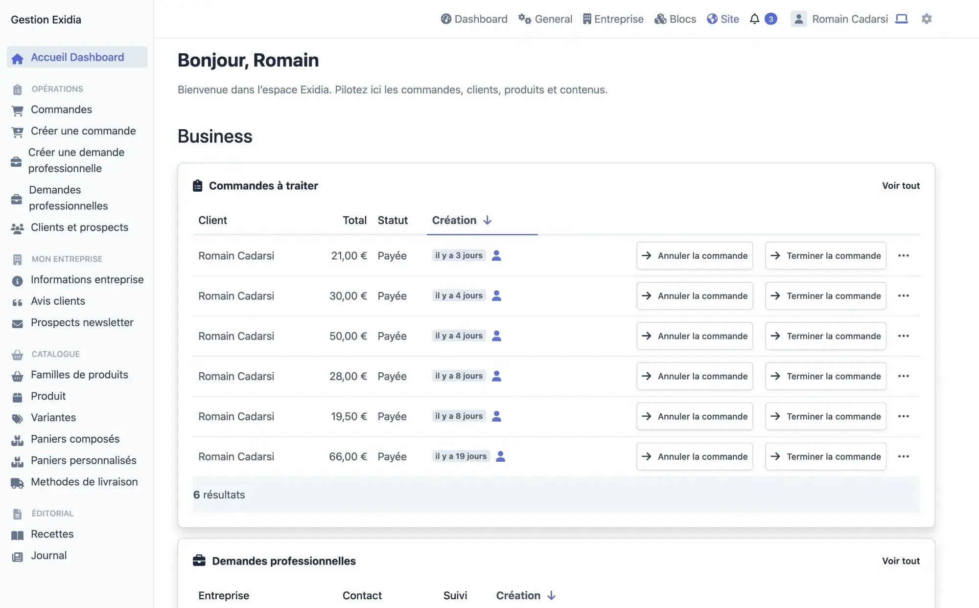 Tableau de bord d'une boutique en ligne : commandes à traiter, demandes professionnelles, catalogue et méthodes de livraison