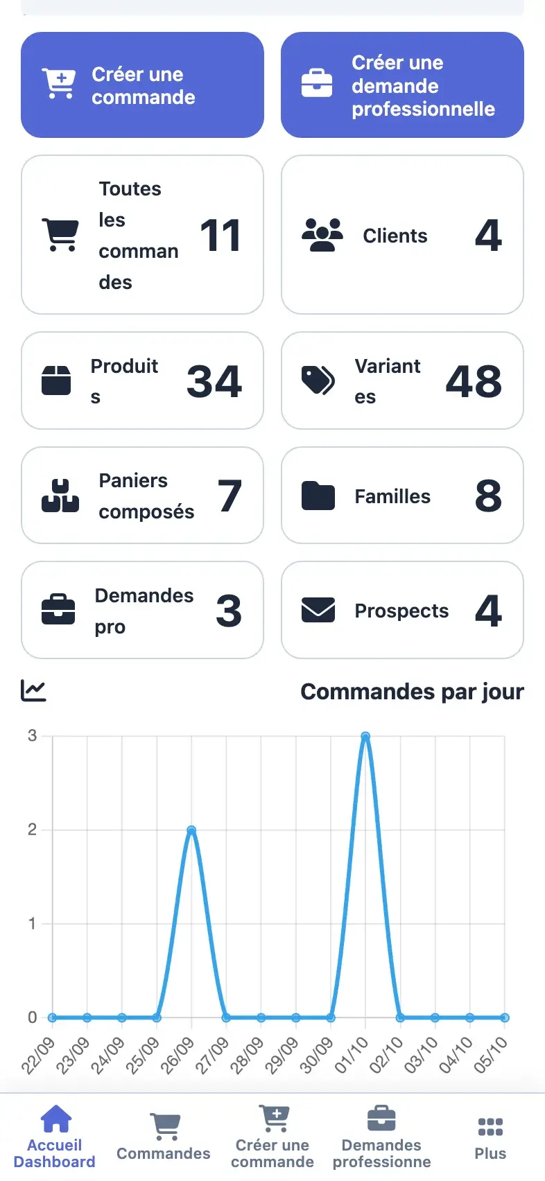 Tableau de bord d'une boutique en ligne sur téléphone : commandes, clients, produits et commandes par jour