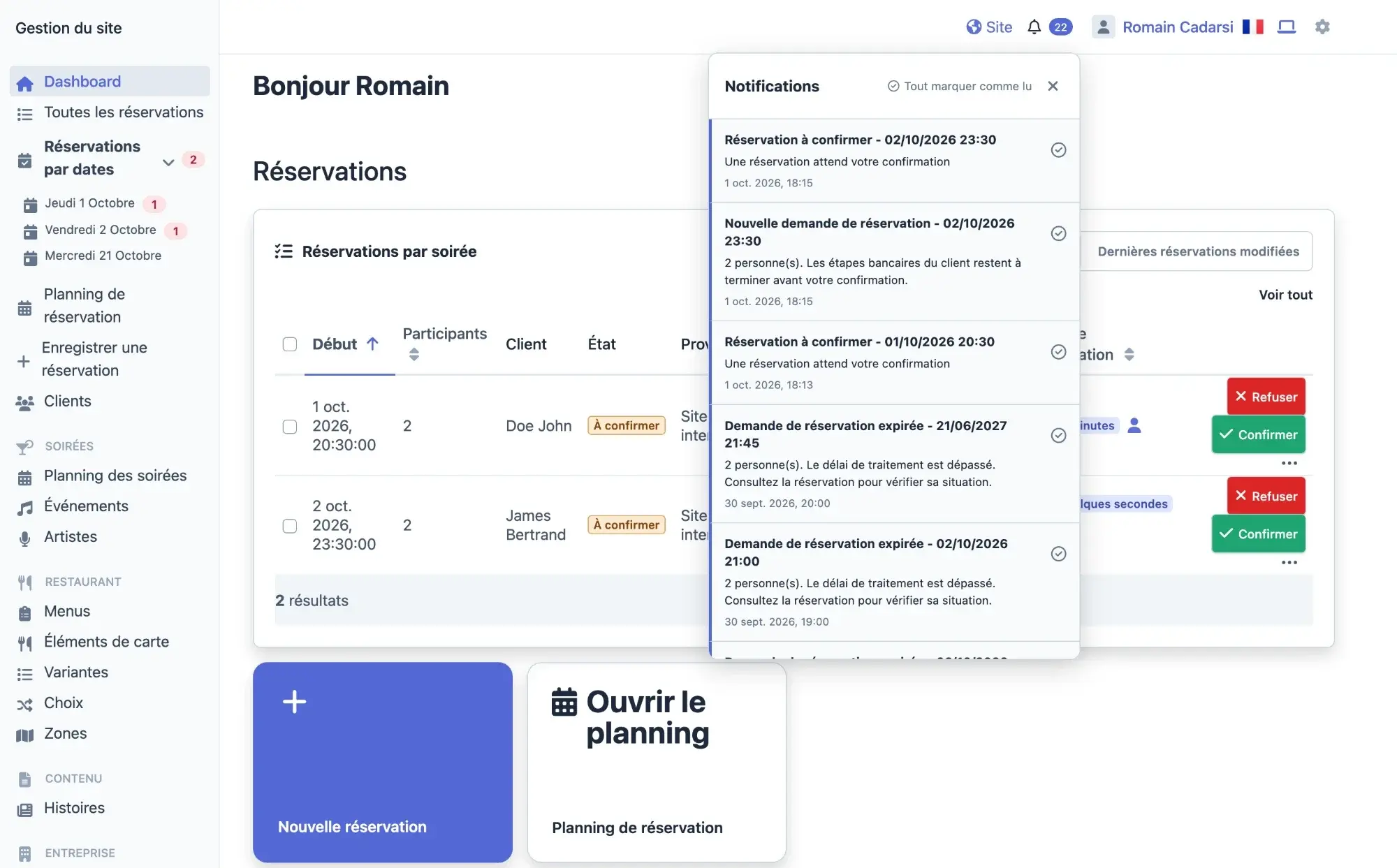 Tableau de bord de réservation d'un restaurant : réservations à confirmer, planning et notifications en temps réel