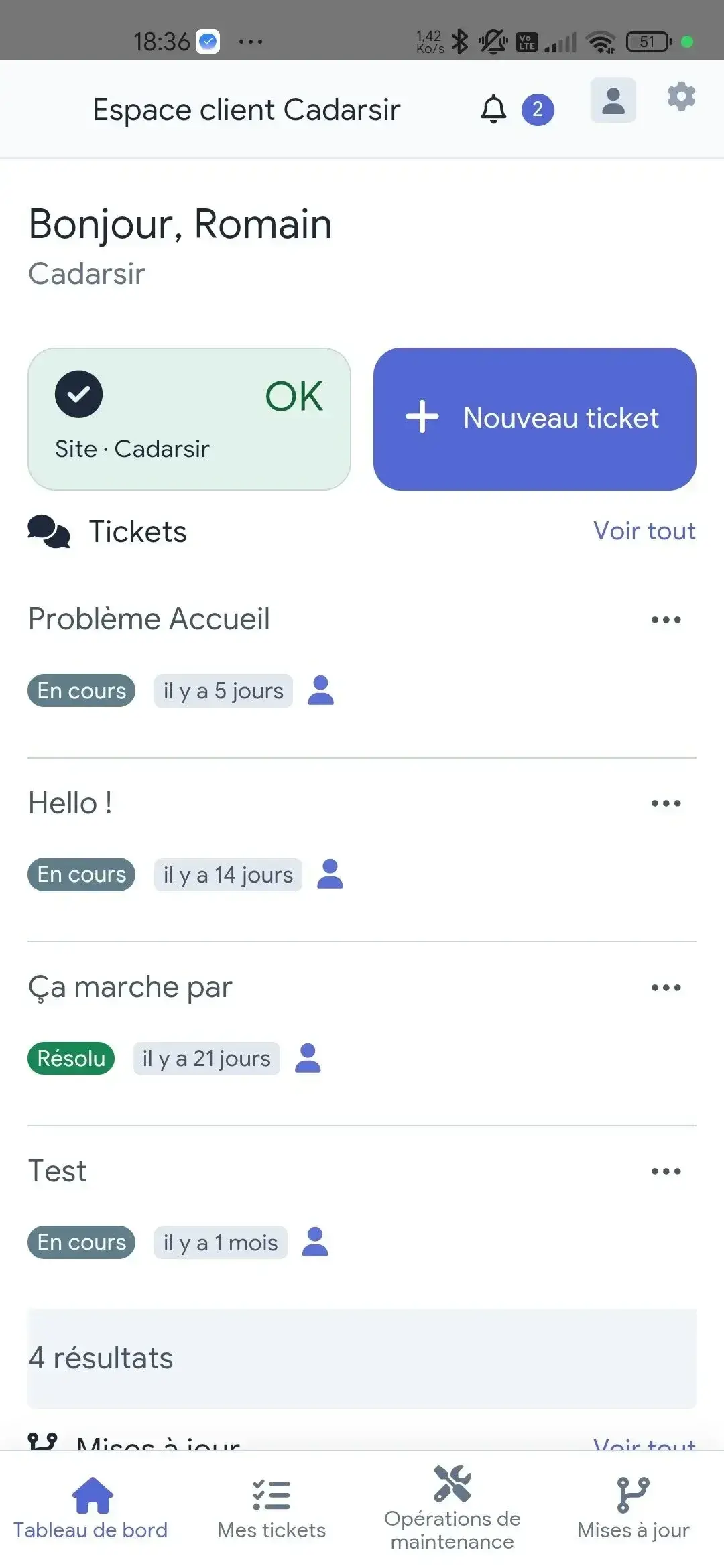 Tableau de bord de l'espace client