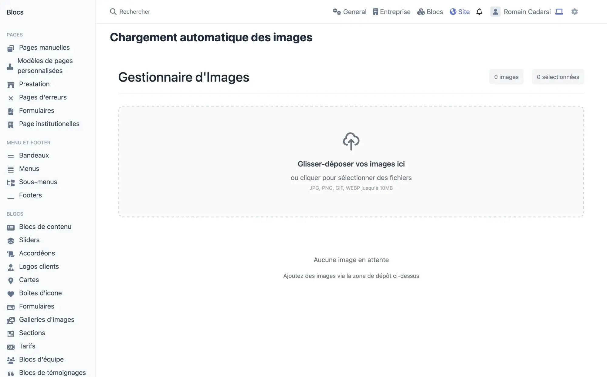 Gestionnaire d'images de l'espace d'administration : zone de dépôt pour charger automatiquement les photos de chantier
