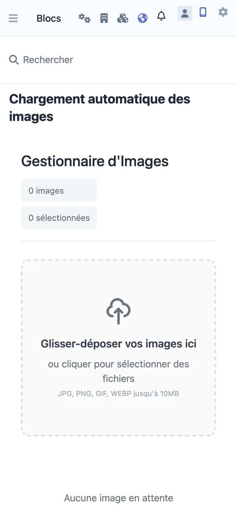 Gestionnaire d'images de l'espace d'administration sur téléphone : zone de dépôt des photos de chantier