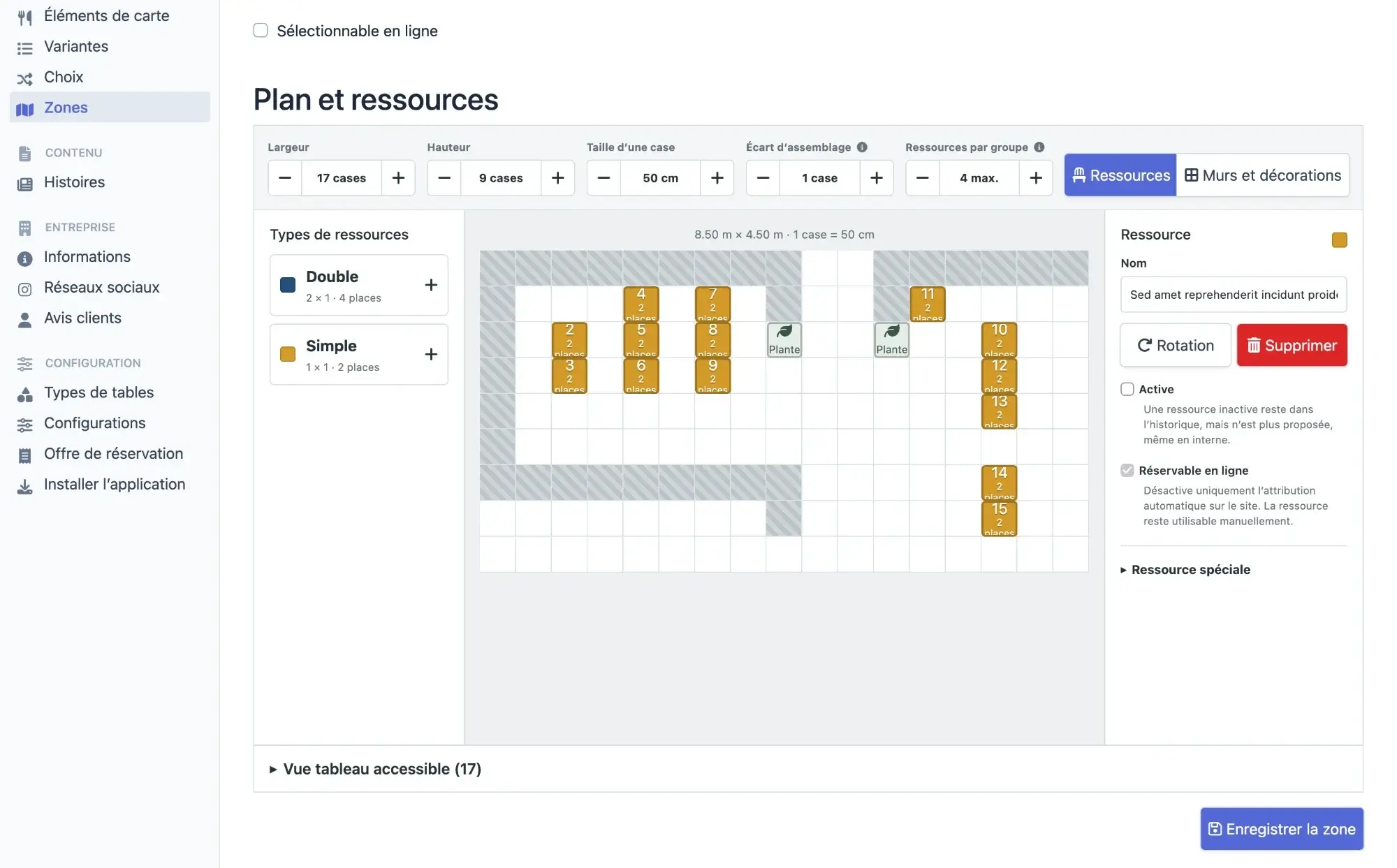 Éditeur de plan d'une zone réservable : tables et ressources placées sur une grille, avec types de ressources et réglages
